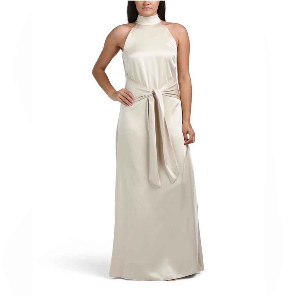 Toccin Satin beige Maxi Dress adjustable waist NWT sensor removed. With gift